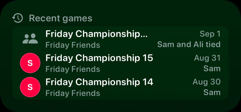 The Recent Games widget from House Rules at Medium size in the Green tint, dark appearance.