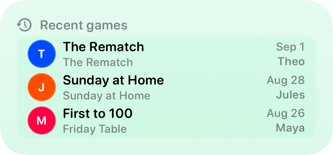 The Recent Games widget from House Rules at Medium size in the Green tint, light appearance.