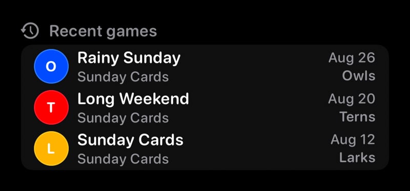 The Recent Games widget from House Rules at Medium size in the Grey tint, dark appearance.