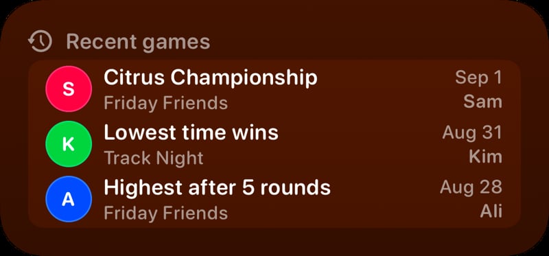 The Recent Games widget from House Rules at Medium size in the Orange tint, dark appearance.