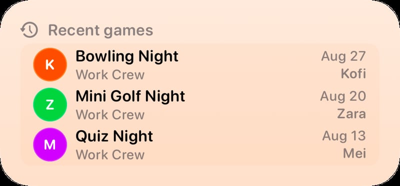The Recent Games widget from House Rules at Medium size in the Orange tint, light appearance.