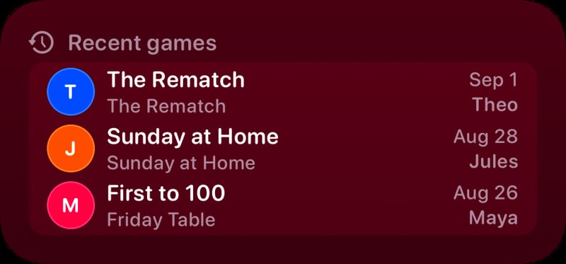The Recent Games widget from House Rules at Medium size in the Pink tint, dark appearance.