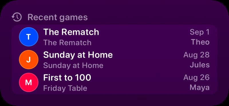 The Recent Games widget from House Rules at Medium size in the Purple tint, dark appearance.
