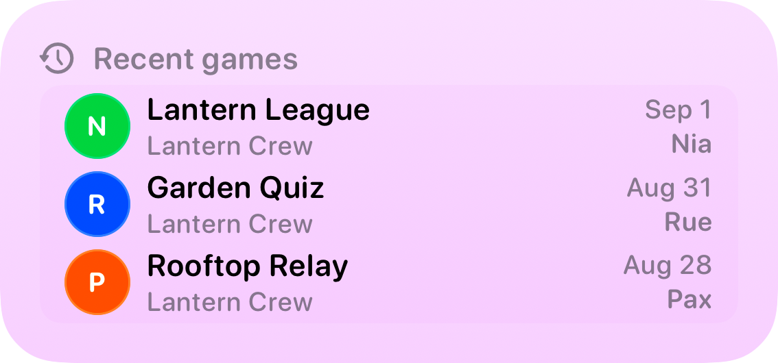 The Recent Games widget from House Rules at Medium size in the Purple tint, light appearance.