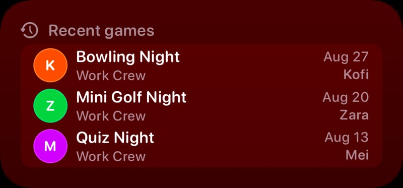 The Recent Games widget from House Rules at Medium size in the Red tint, dark appearance.