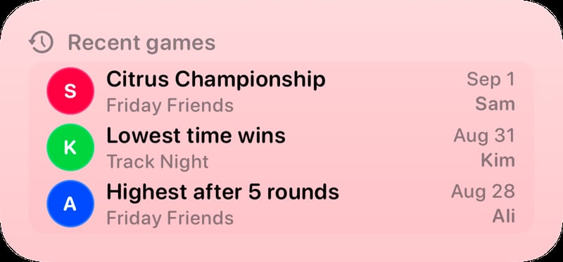 The Recent Games widget from House Rules at Medium size in the Red tint, light appearance.