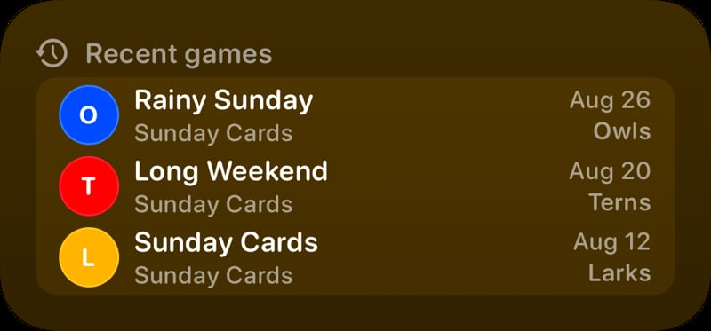 The Recent Games widget from House Rules at Medium size in the Yellow tint, dark appearance.