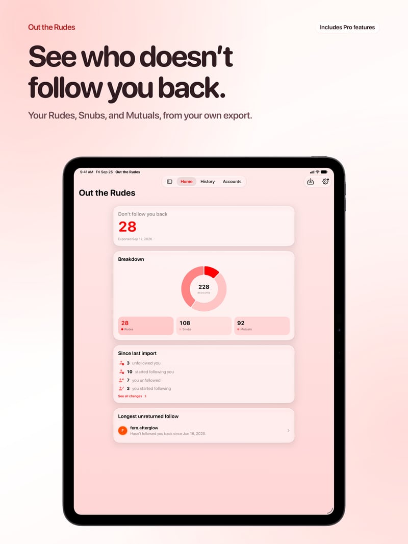 Out the Rudes App Store screenshot for iPad Pro 13-inch showing Follows Back.