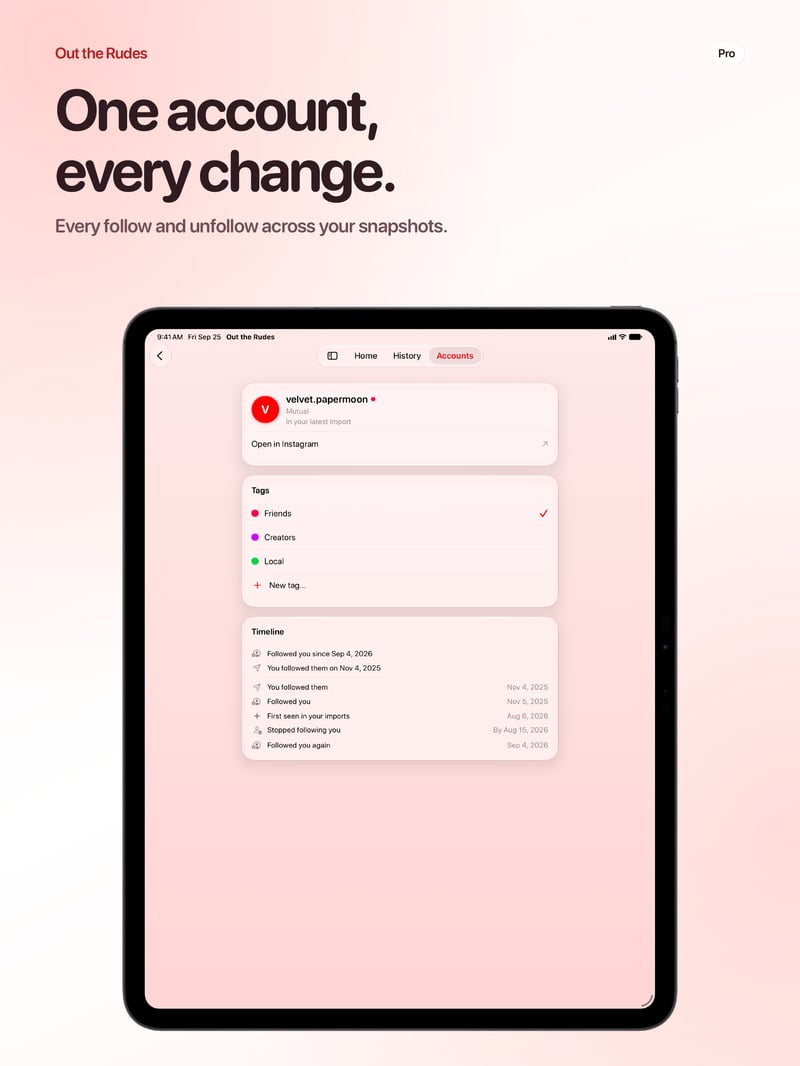 Out the Rudes App Store screenshot for iPad Pro 13-inch showing Timeline.