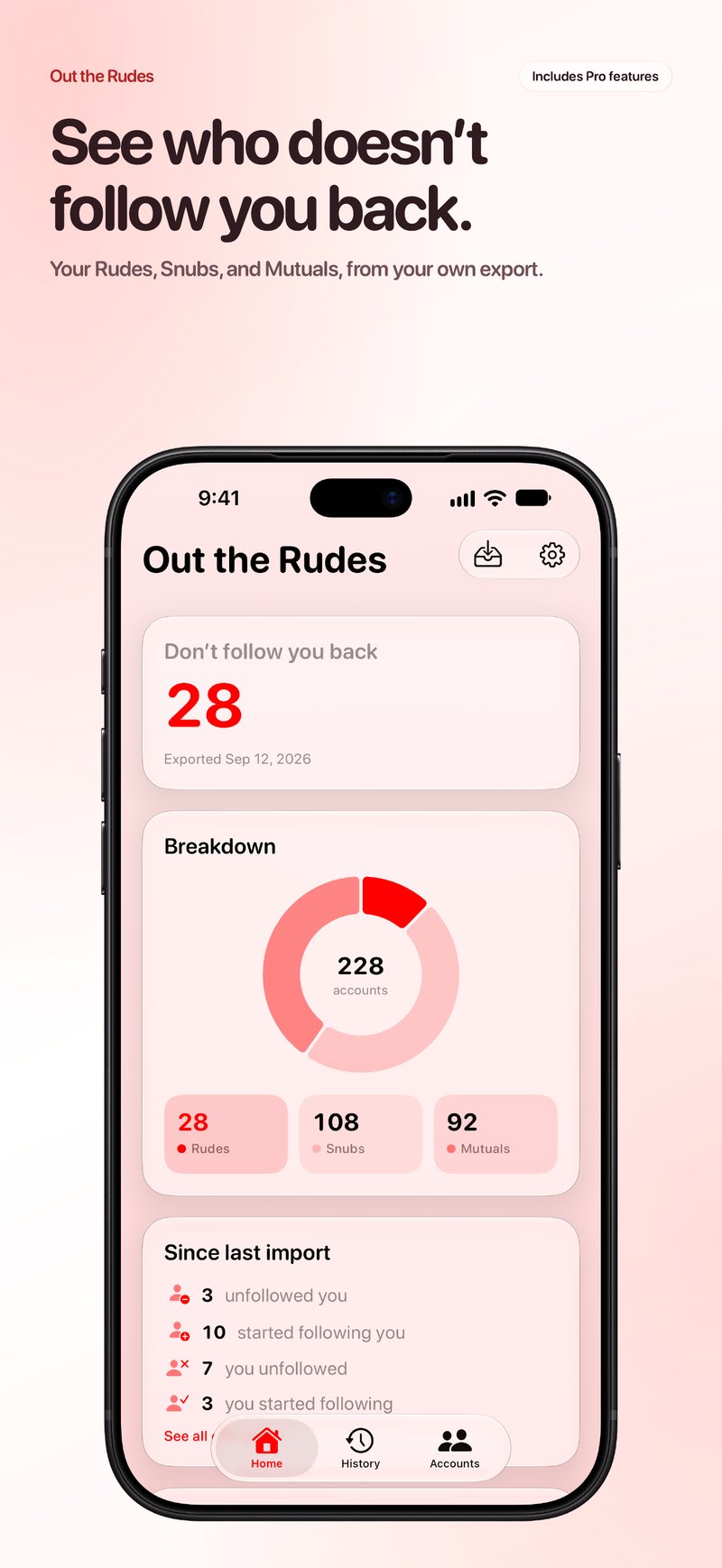 Out the Rudes App Store screenshot for iPhone 18 Pro Max showing Follows Back.