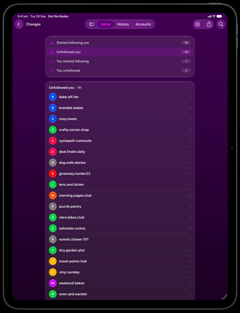 Out the Rudes on iPad Pro 13-inch showing Changes in the Purple tint, dark appearance.