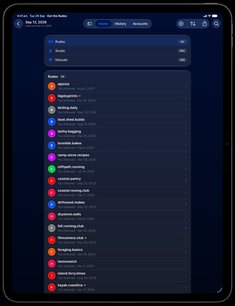 Out the Rudes on iPad Pro 13-inch showing Find Rudes in the Blue tint, dark appearance.