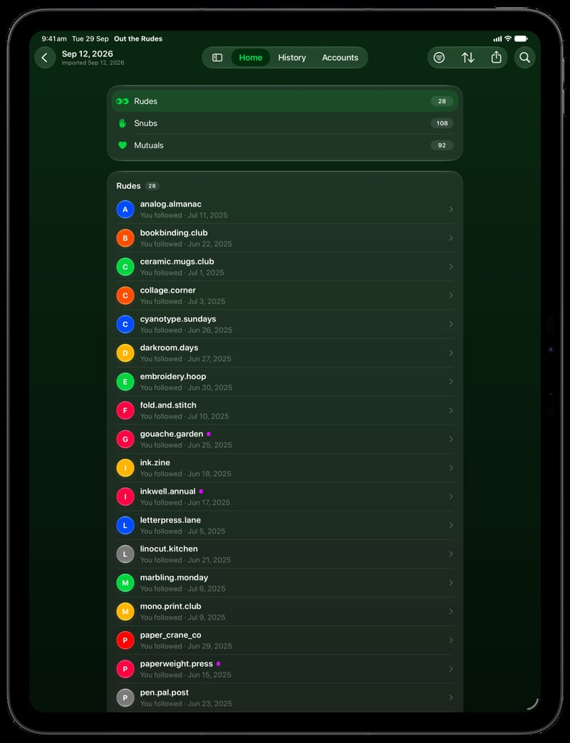 Out the Rudes on iPad Pro 13-inch showing Find Rudes in the Green tint, dark appearance.