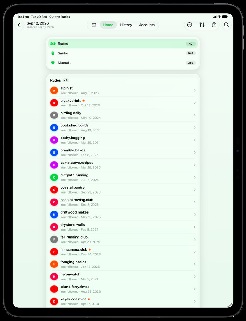 Out the Rudes on iPad Pro 13-inch showing Find Rudes in the Green tint, light appearance.