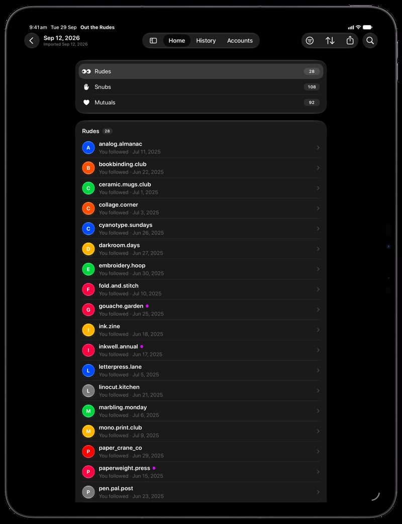 Out the Rudes on iPad Pro 13-inch showing Find Rudes in the Grey tint, dark appearance.