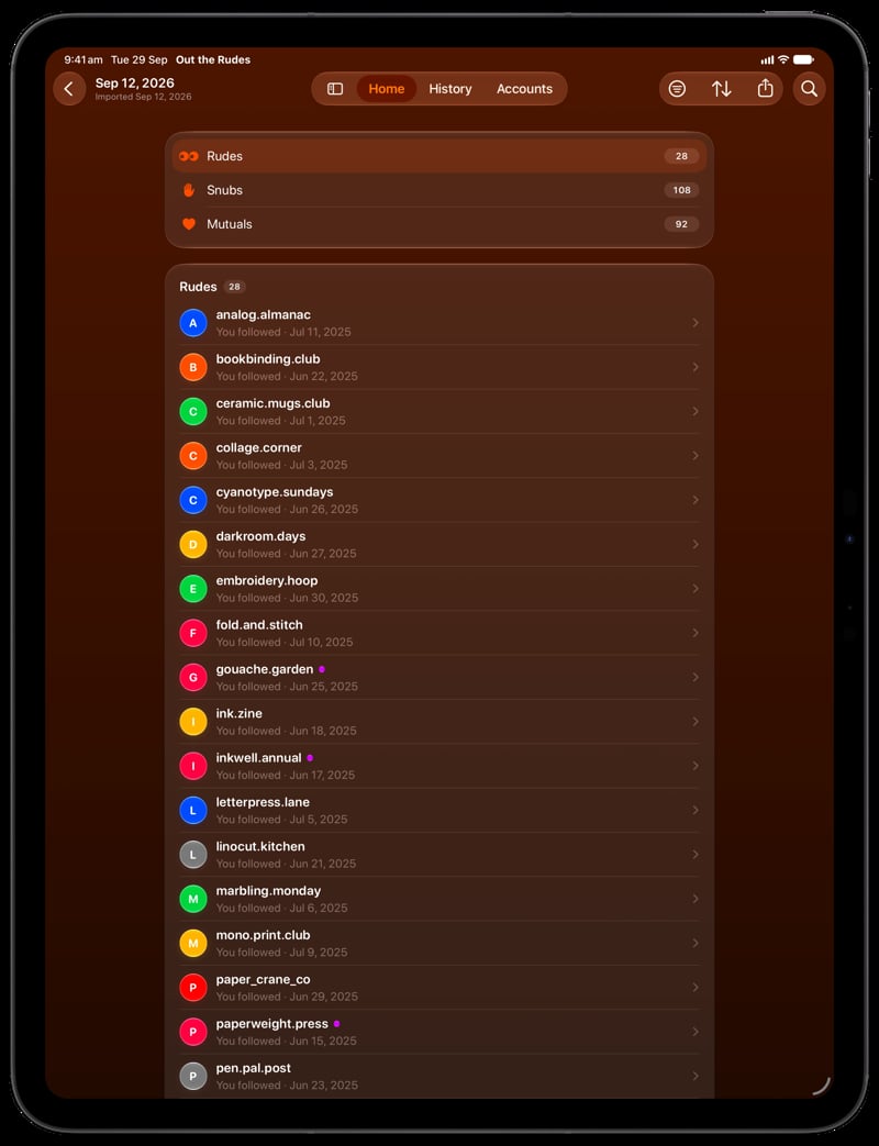 Out the Rudes on iPad Pro 13-inch showing Find Rudes in the Orange tint, dark appearance.