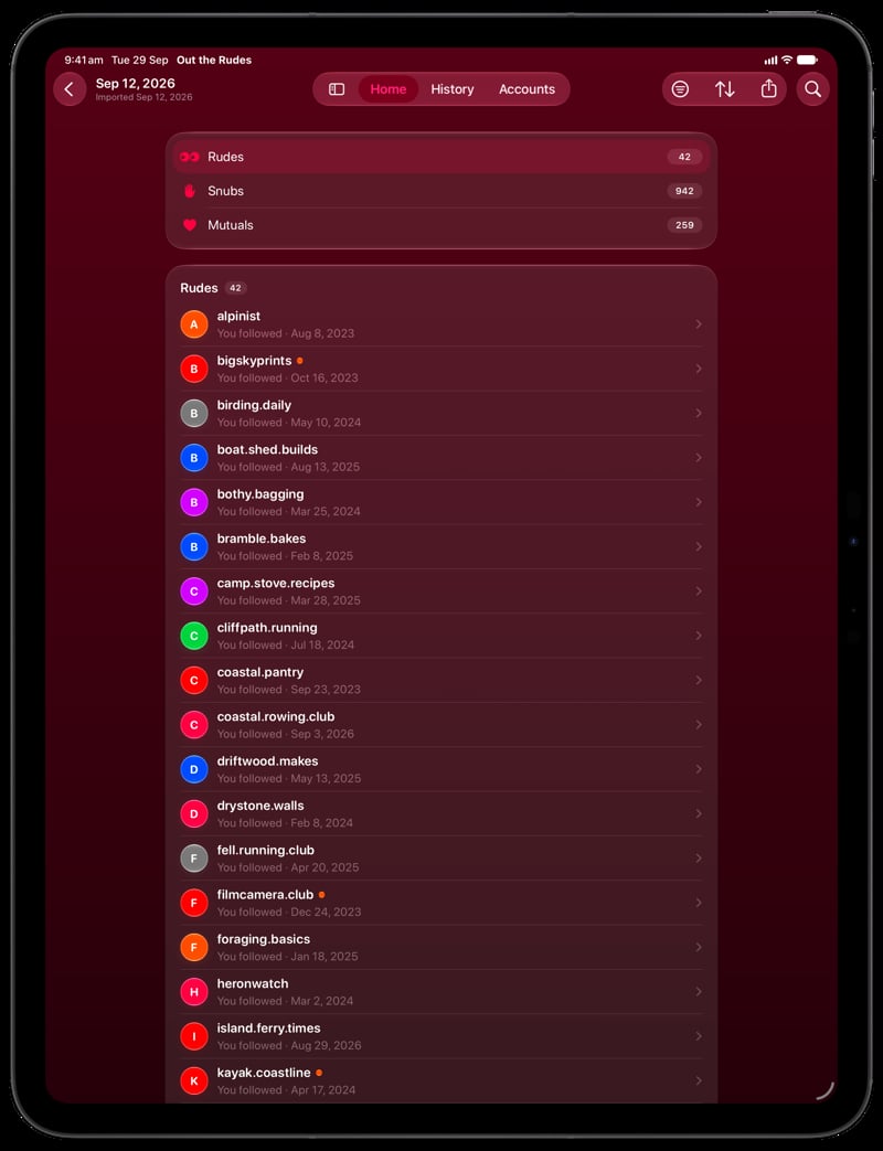 Out the Rudes on iPad Pro 13-inch showing Find Rudes in the Pink tint, dark appearance.