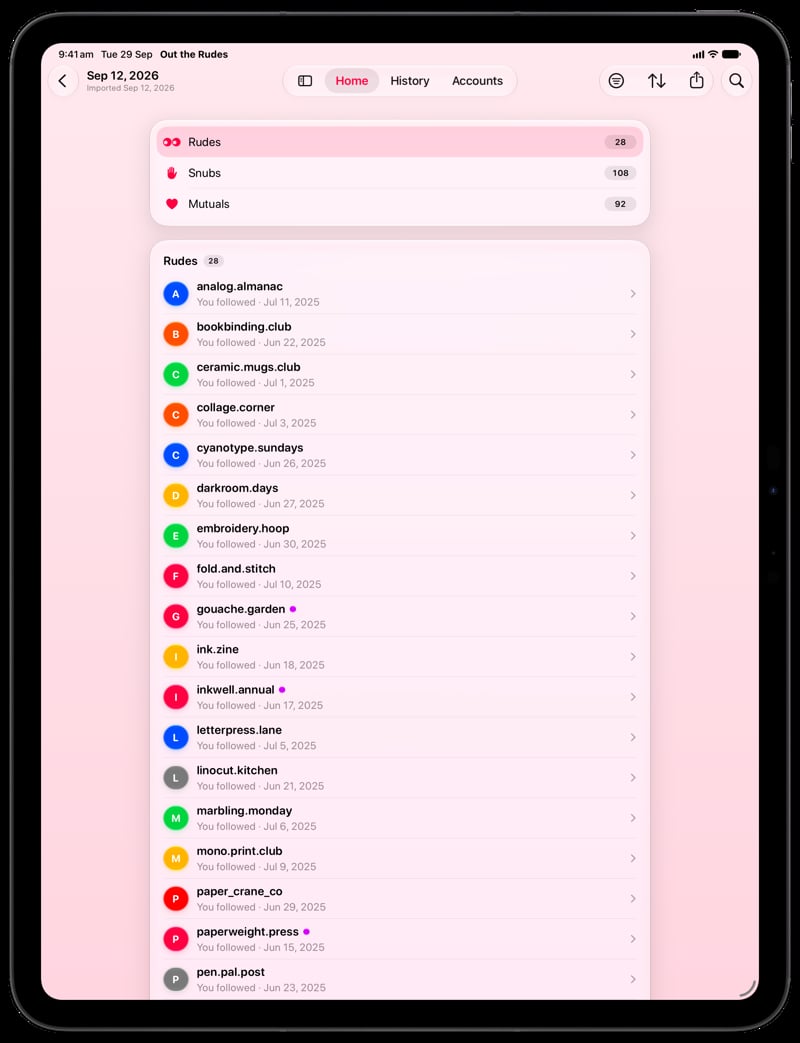 Out the Rudes on iPad Pro 13-inch showing Find Rudes in the Pink tint, light appearance.