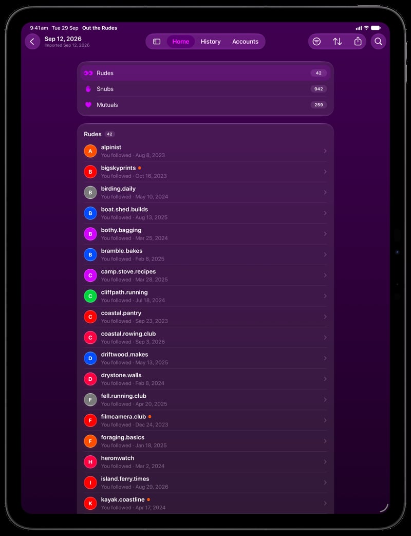 Out the Rudes on iPad Pro 13-inch showing Find Rudes in the Purple tint, dark appearance.