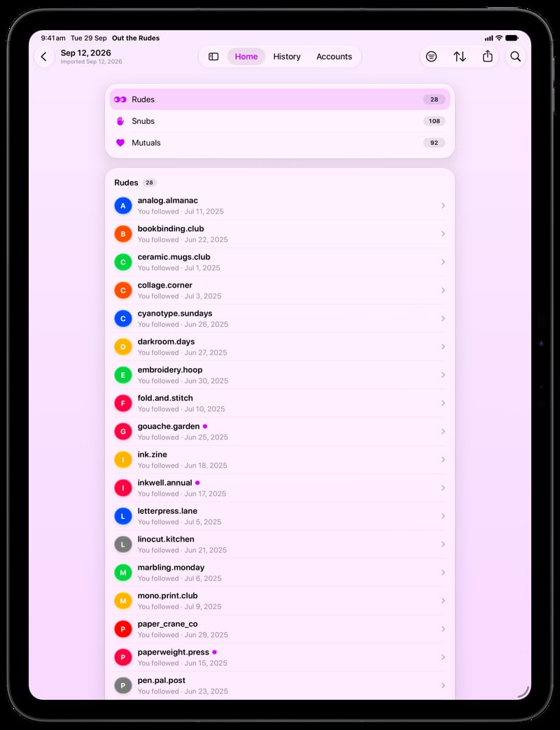 Out the Rudes on iPad Pro 13-inch showing Find Rudes in the Purple tint, light appearance.