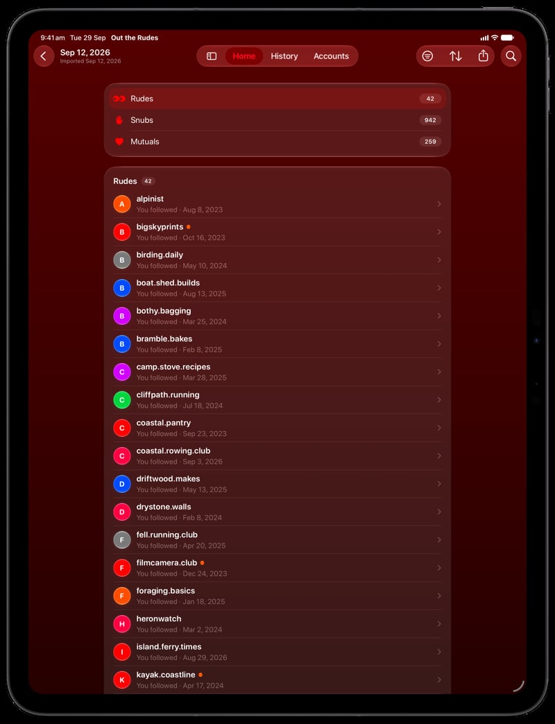 Out the Rudes on iPad Pro 13-inch showing Find Rudes in the Red tint, dark appearance.