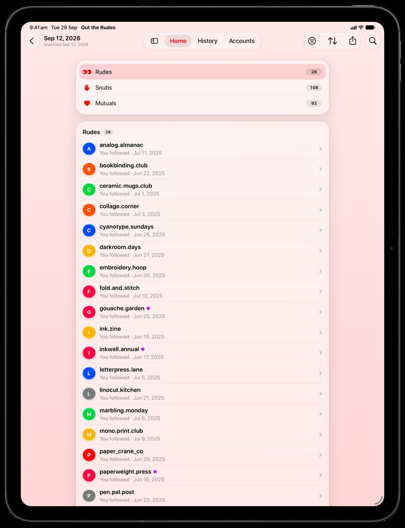 Out the Rudes on iPad Pro 13-inch showing Find Rudes in the Red tint, light appearance.