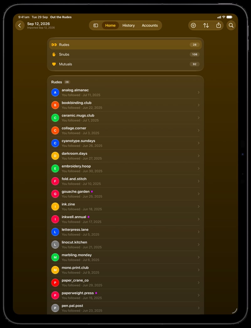 Out the Rudes on iPad Pro 13-inch showing Find Rudes in the Yellow tint, dark appearance.