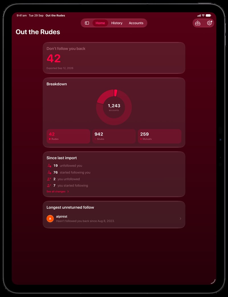 Out the Rudes on iPad Pro 13-inch showing Follows Back in the Pink tint, dark appearance.