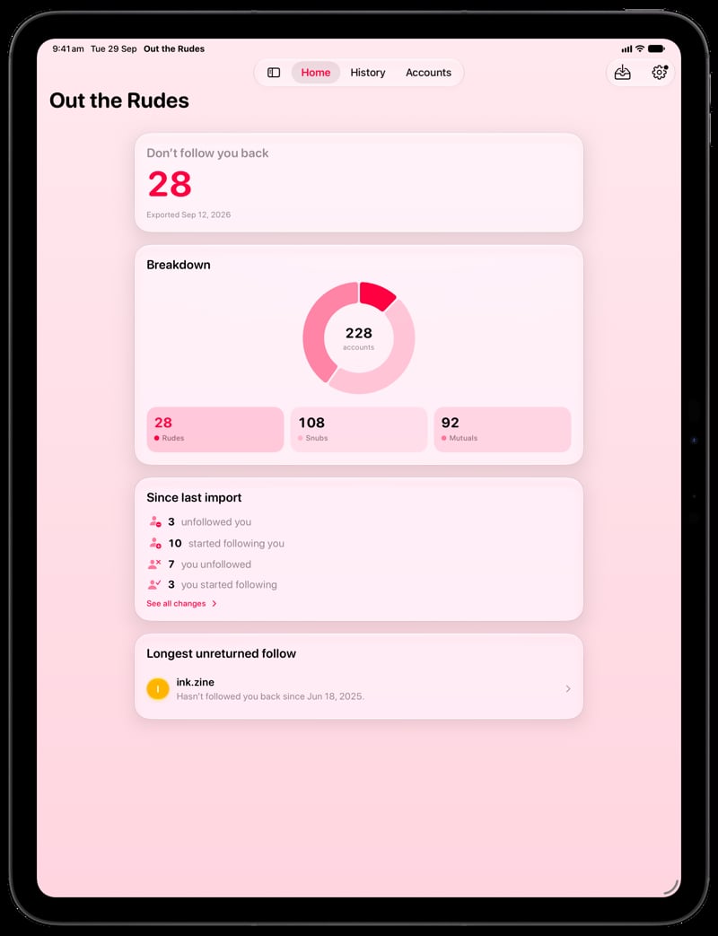 Out the Rudes on iPad Pro 13-inch showing Follows Back in the Pink tint, light appearance.