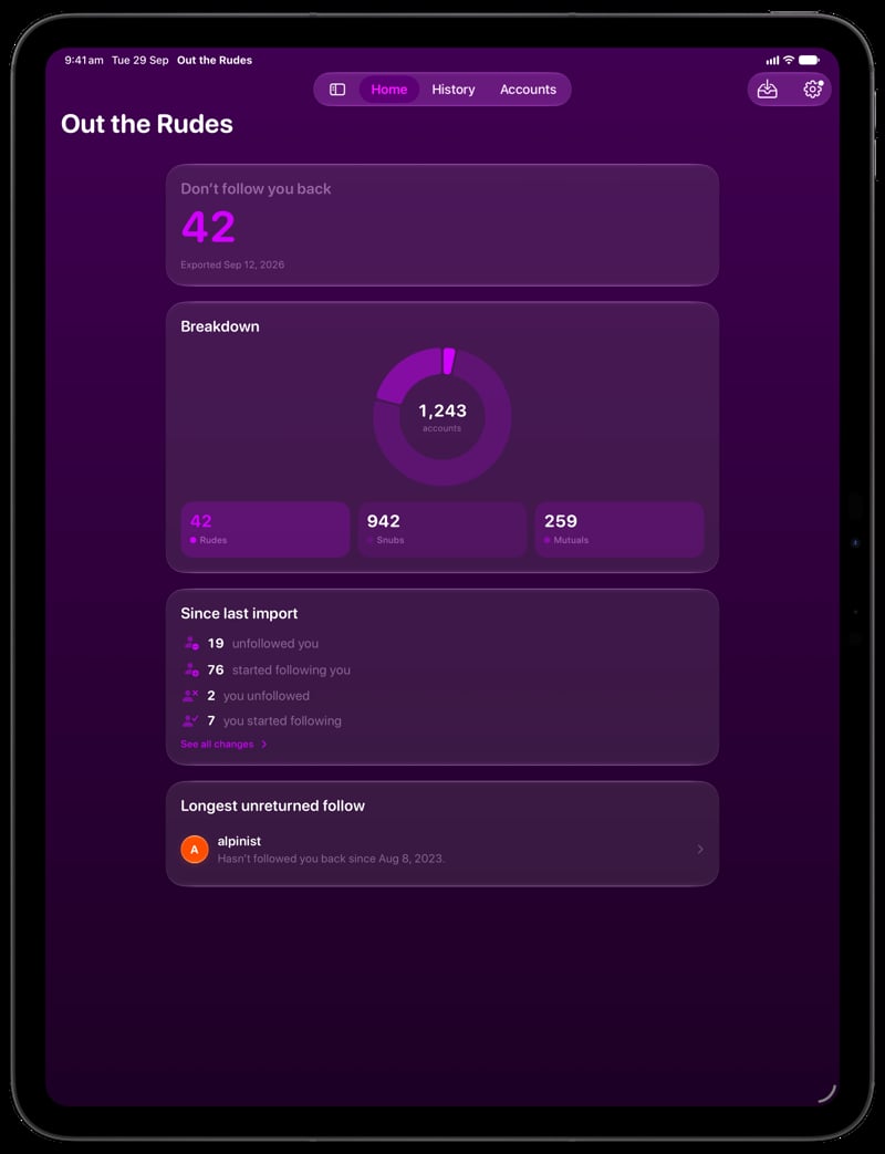 Out the Rudes on iPad Pro 13-inch showing Follows Back in the Purple tint, dark appearance.