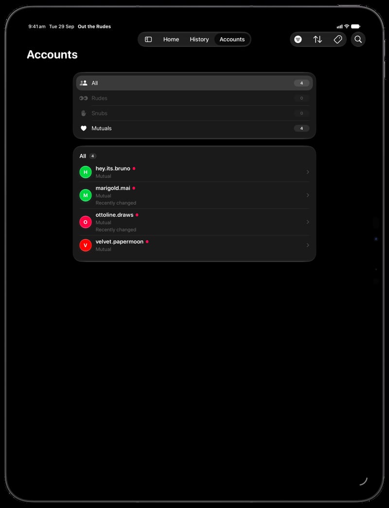 Out the Rudes on iPad Pro 13-inch showing Tags in the Grey tint, dark appearance.