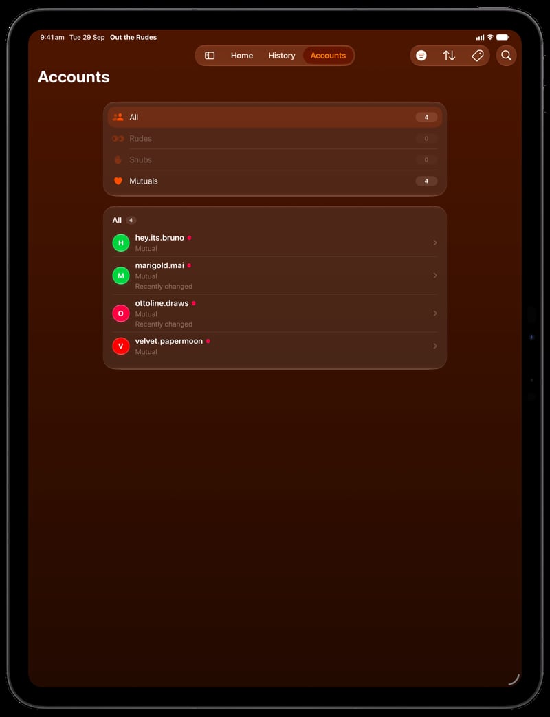 Out the Rudes on iPad Pro 13-inch showing Tags in the Orange tint, dark appearance.