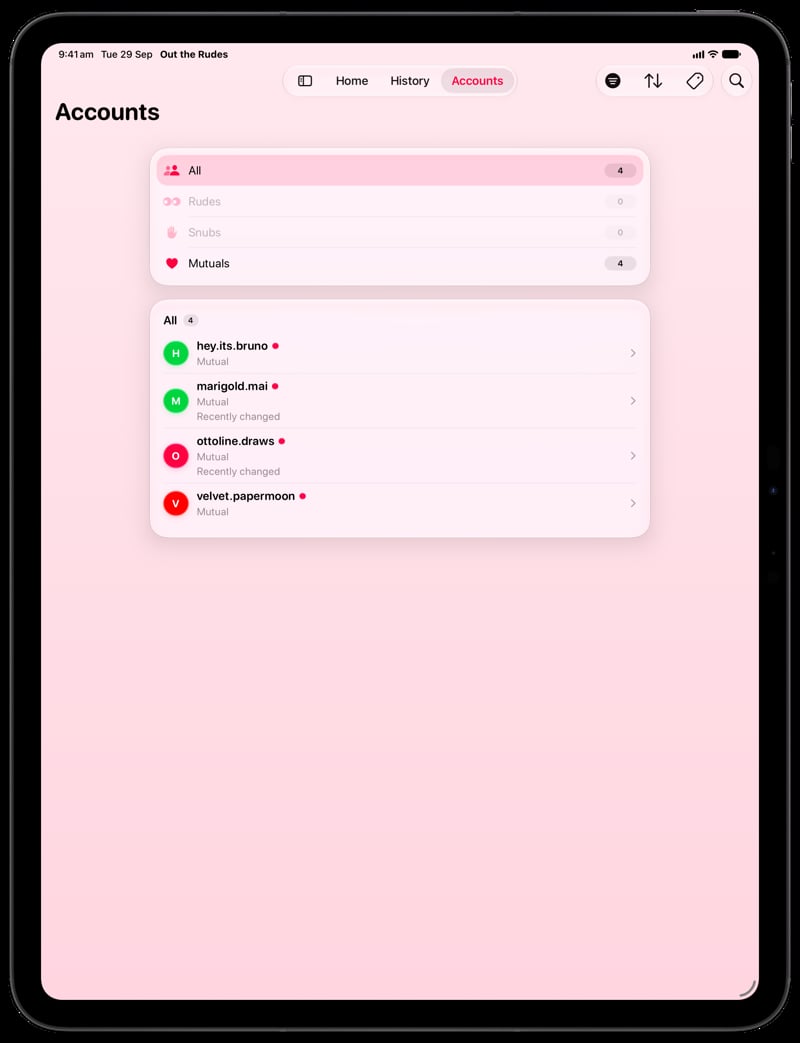 Out the Rudes on iPad Pro 13-inch showing Tags in the Pink tint, light appearance.