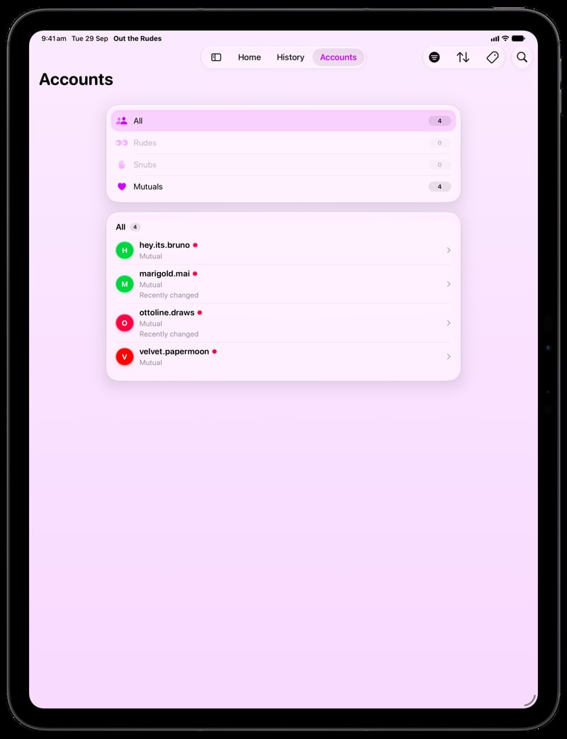 Out the Rudes on iPad Pro 13-inch showing Tags in the Purple tint, light appearance.