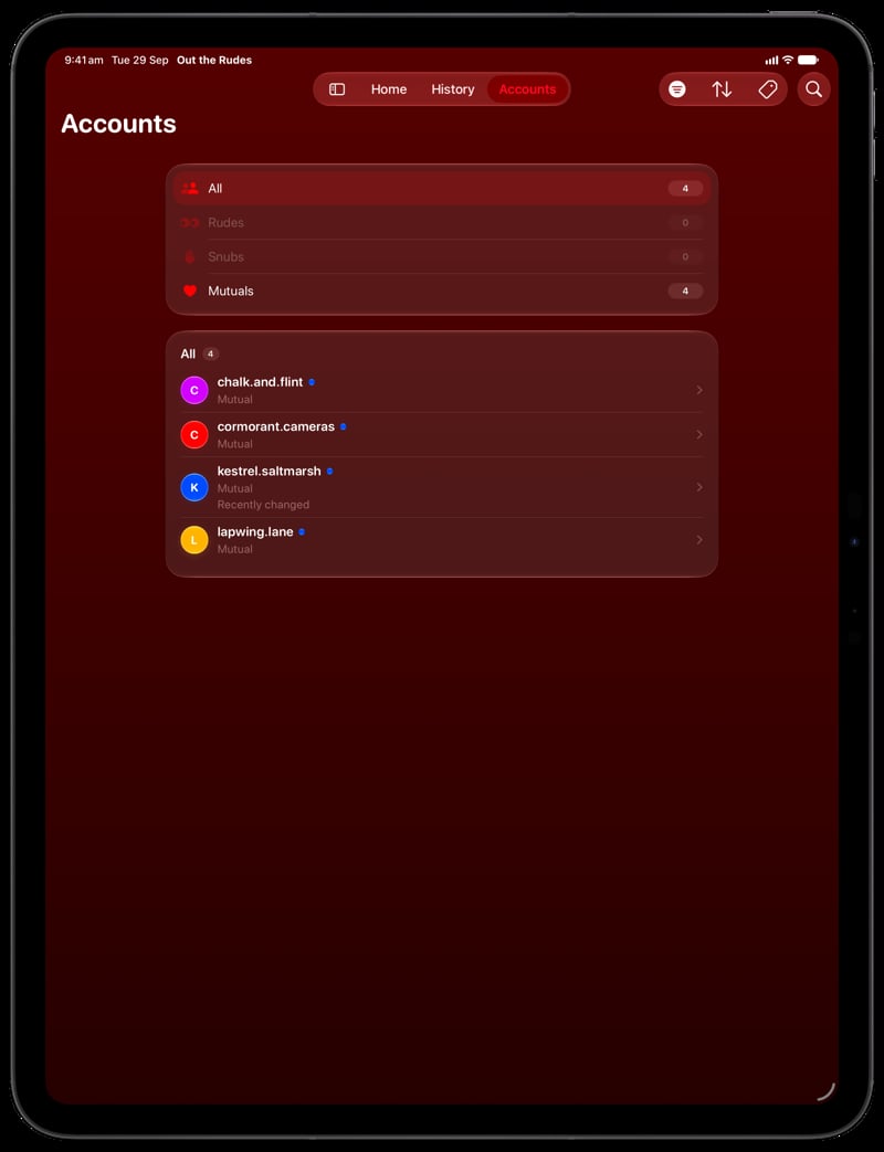 Out the Rudes on iPad Pro 13-inch showing Tags in the Red tint, dark appearance.