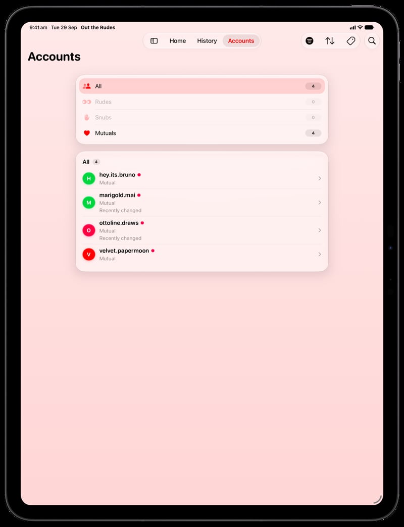 Out the Rudes on iPad Pro 13-inch showing Tags in the Red tint, light appearance.