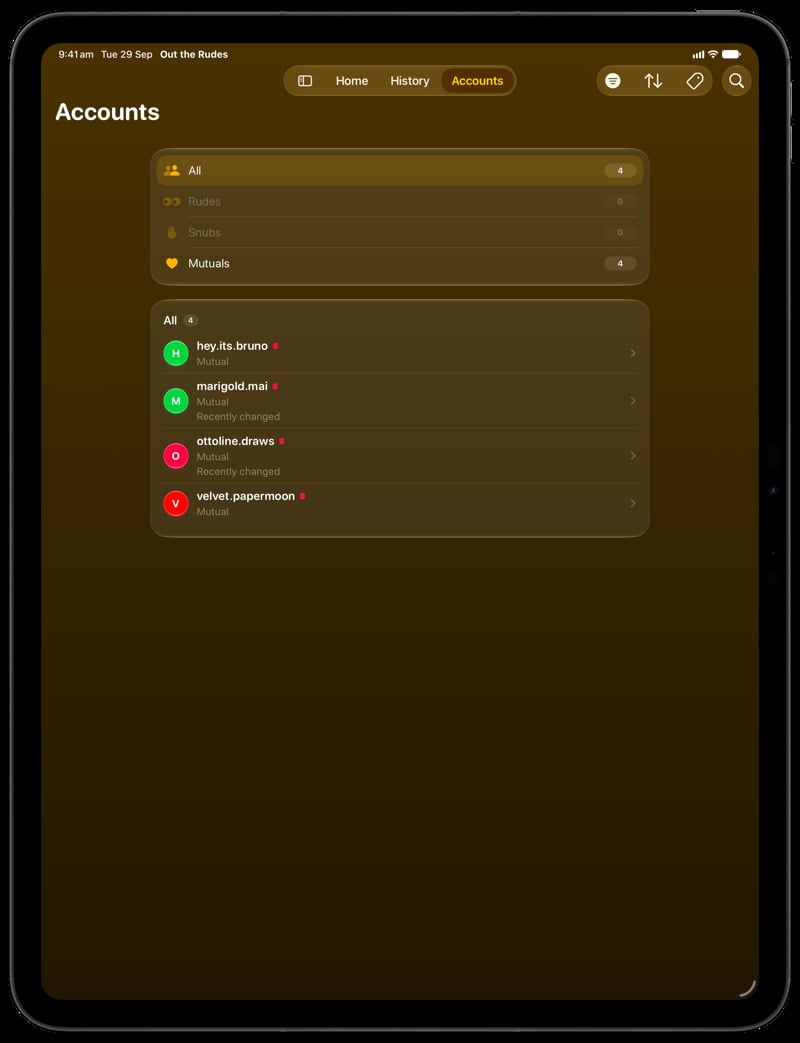 Out the Rudes on iPad Pro 13-inch showing Tags in the Yellow tint, dark appearance.