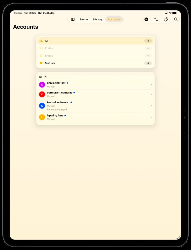 Out the Rudes on iPad Pro 13-inch showing Tags in the Yellow tint, light appearance.