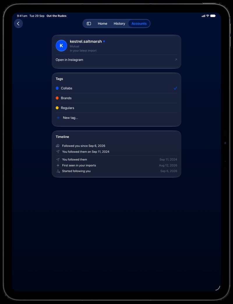 Out the Rudes on iPad Pro 13-inch showing Timeline in the Blue tint, dark appearance.