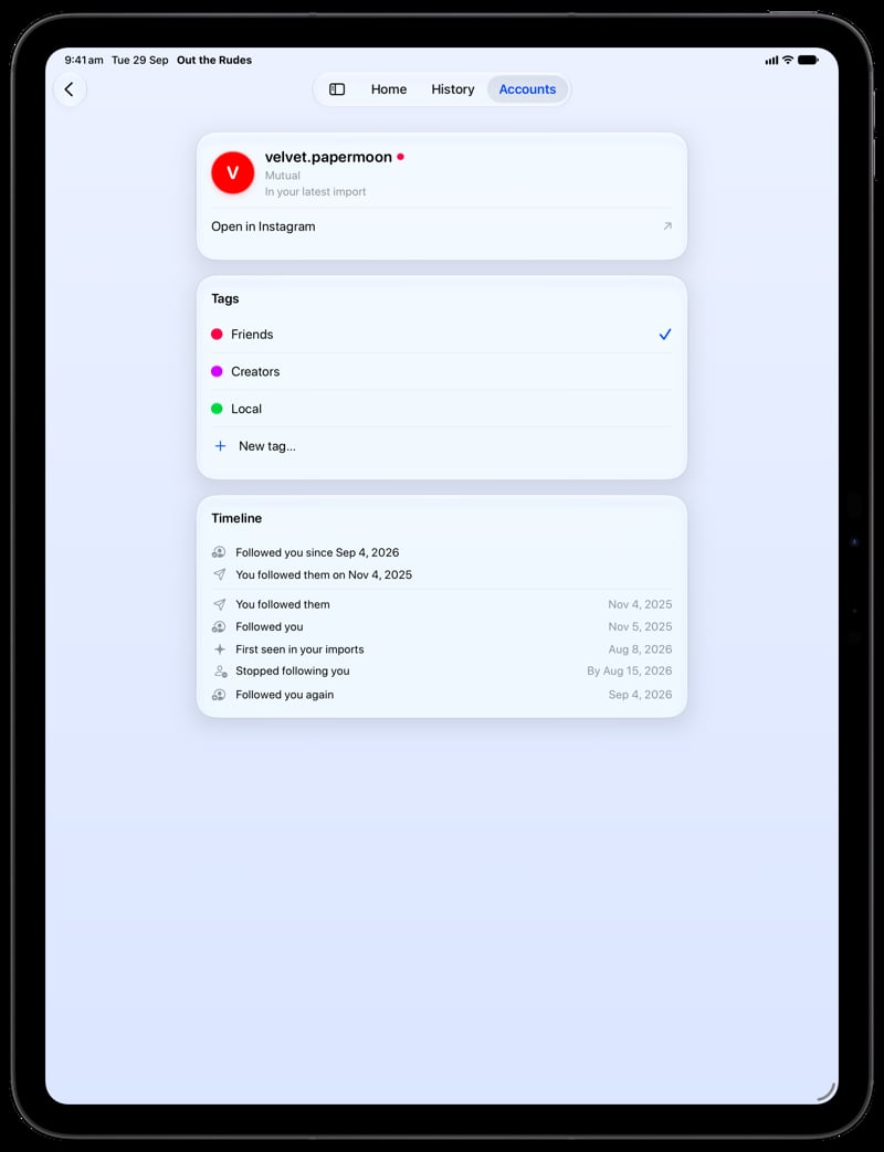 Out the Rudes on iPad Pro 13-inch showing Timeline in the Blue tint, light appearance.