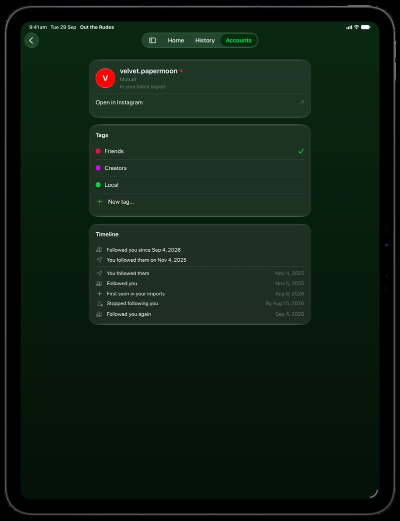 Out the Rudes on iPad Pro 13-inch showing Timeline in the Green tint, dark appearance.
