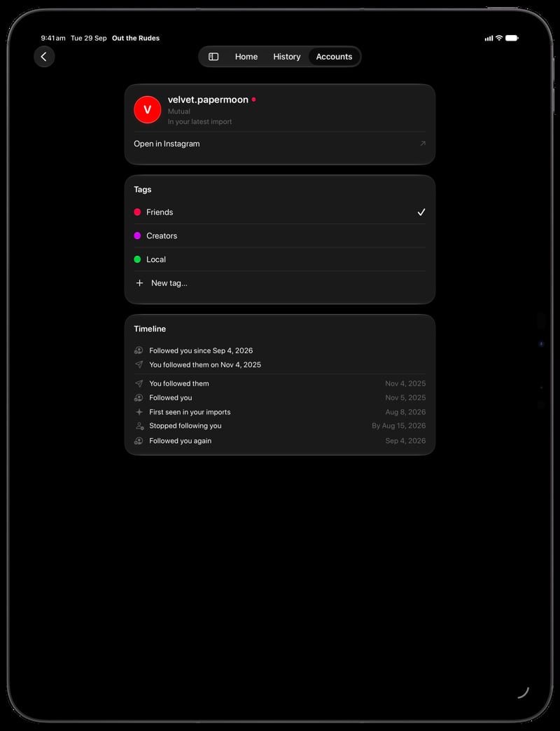 Out the Rudes on iPad Pro 13-inch showing Timeline in the Grey tint, dark appearance.