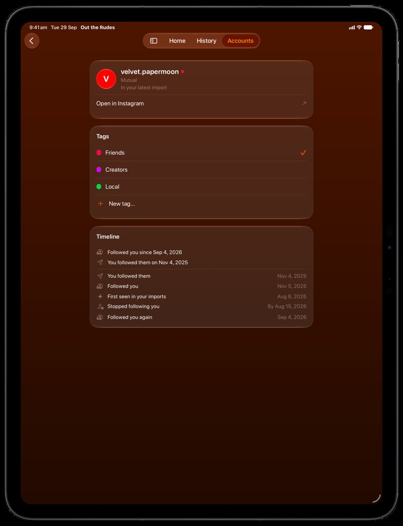 Out the Rudes on iPad Pro 13-inch showing Timeline in the Orange tint, dark appearance.