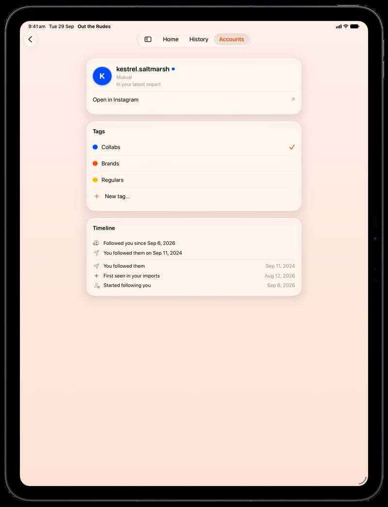 Out the Rudes on iPad Pro 13-inch showing Timeline in the Orange tint, light appearance.