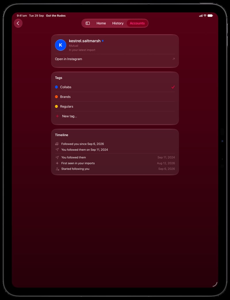 Out the Rudes on iPad Pro 13-inch showing Timeline in the Pink tint, dark appearance.