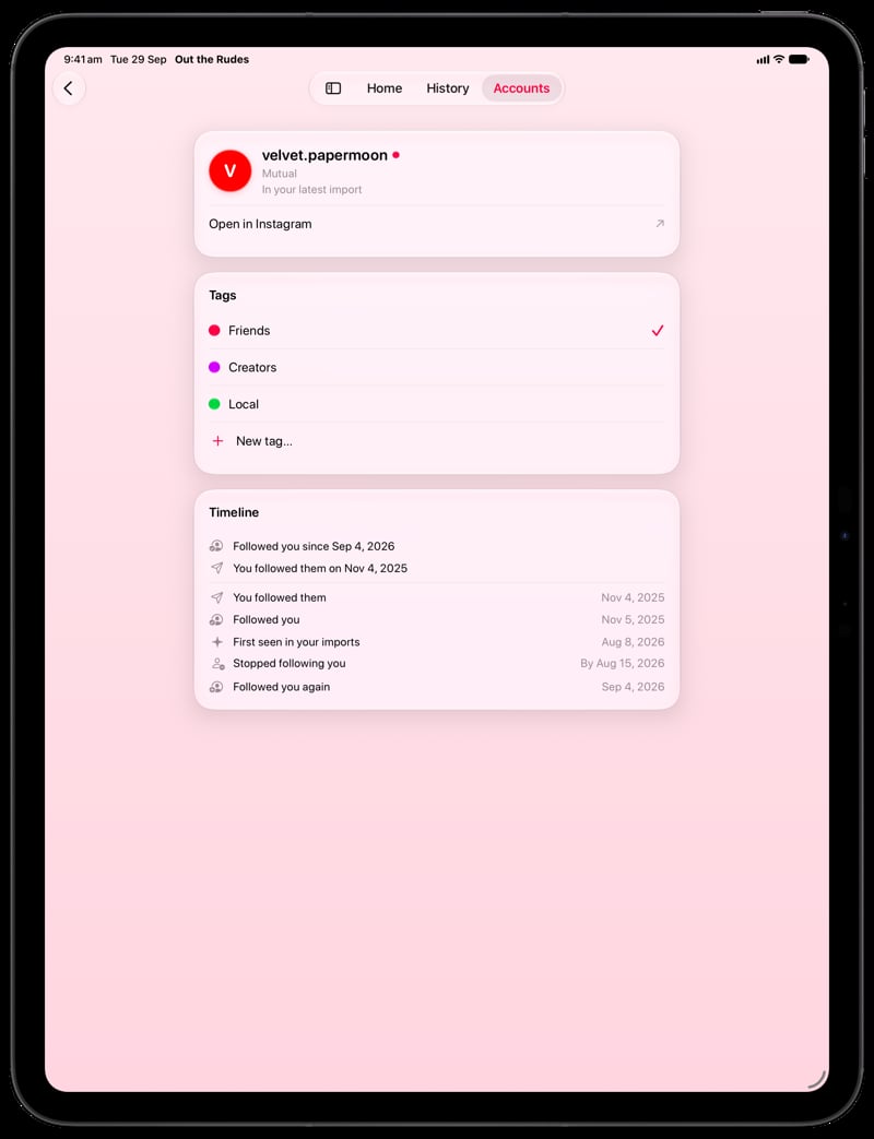 Out the Rudes on iPad Pro 13-inch showing Timeline in the Pink tint, light appearance.