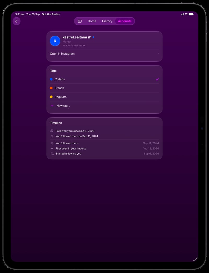 Out the Rudes on iPad Pro 13-inch showing Timeline in the Purple tint, dark appearance.
