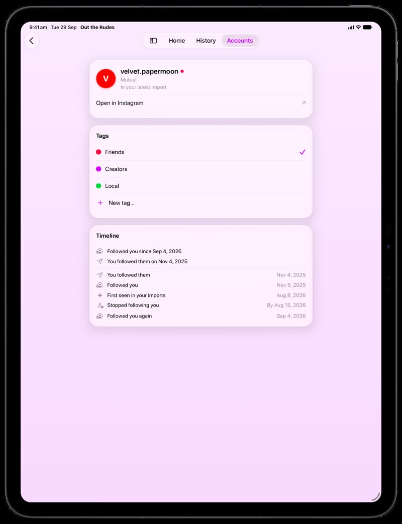 Out the Rudes on iPad Pro 13-inch showing Timeline in the Purple tint, light appearance.