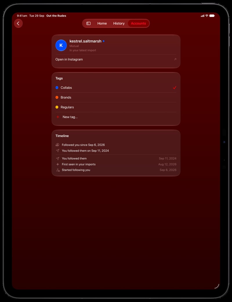 Out the Rudes on iPad Pro 13-inch showing Timeline in the Red tint, dark appearance.