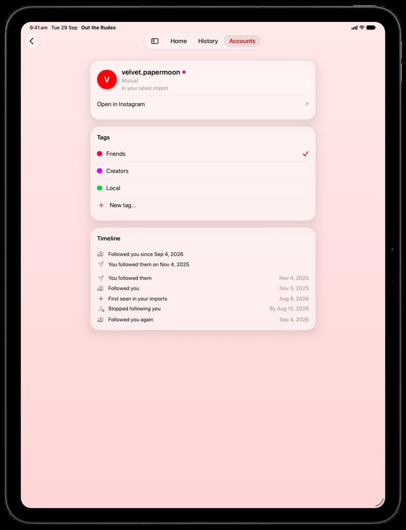 Out the Rudes on iPad Pro 13-inch showing Timeline in the Red tint, light appearance.